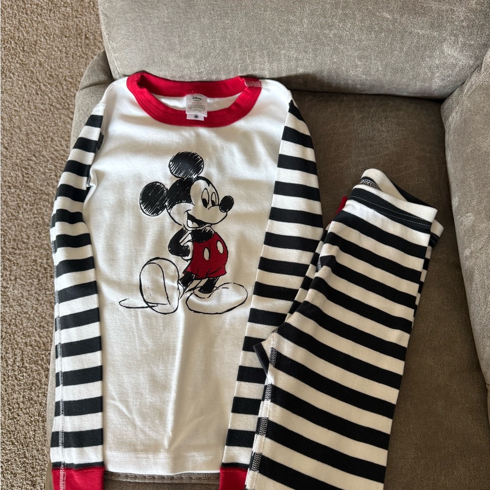 Hanna Andersson White & Black Striped Mickey Mouse Pajama Set with Red Accents